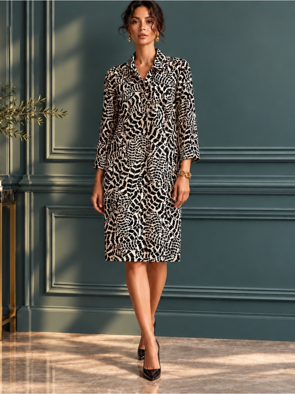 ST. JOHN SPORT BLACK SOFT WHITE FEATHER PRINT BUTTON SHIRT DRESS SZ P / 2